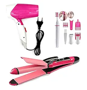 KD Zone (Set of 3) 2 In 1 Hair Straightener and Curler, Hair Dryer Foldable and Trimmer For Women Hair Removal Kit Mini Hair Straightener Ceramic Plate Hair Straightener (pink)