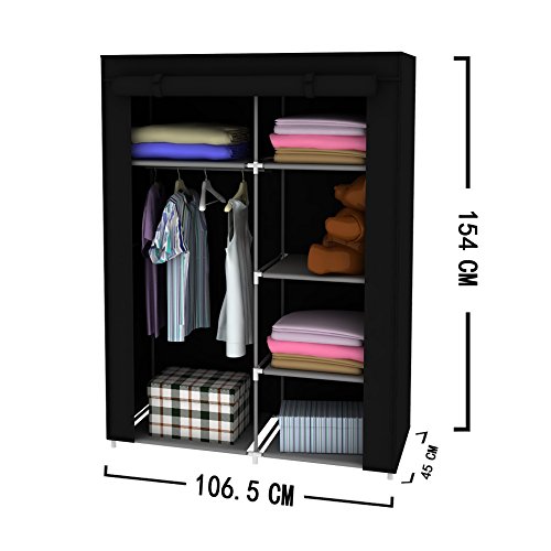 EBS® Kleiderschrank Wäscheschrank Garderobenschrank Stoffschrank Faltschrank mit Regal Schwarz 154 x 45 x 105cm