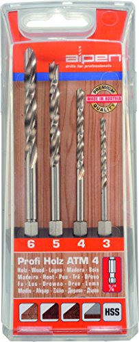 alpen HSS Maschinen-Holzspiralbohrer Profi Holz, 1/4 Zoll Sechskant-Schaft, Durchmesser 3, 4, 5, 6 mm als 4-teiliger Satz in der Kunststoffkassette, 603002100