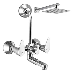 ZAP Brzza Series High Grade 100% Brass Wall Mixer with Overhead Shower System Set and 125mm Long Bend Pipe for Bathroom (Chrome Finish)