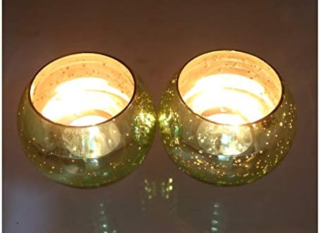 Arham Trades Decorative Royal Glass Round Tea Light Candle Holder (Green) - Mercury Butter Votive Set of 2