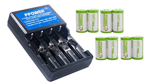 Price comparison product image Ppower Pbe 8 packs of 700mAh 3.7v Cr123a 16340 Li-ion Rechargeable Battery + PPOWER 4 Slots Li-ion charger (PI4) + Battery boxes (12X) P-POWER CE / UL Certified for Arlo Camera,  Reolink Argus,  Keen