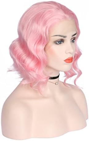 Arimika Short Wavy Light Pink Heat Safe Synthetic Hair Lace Front Wig