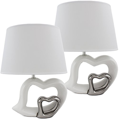 Preisvergleich Produktbild BRUBAKER Doppelpack Tisch- oder Nachttischlampen Keramikfuß weiß Hochglanz - Schirm weiß - 37 cm Höhe