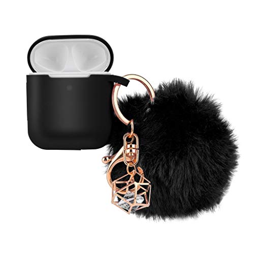 Preisvergleich Produktbild Felicy Silikon Schutzhülle mit Schlüsselbund für Airpods 2 / 1 Ladekoffer (Schwarz)