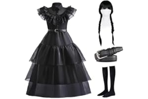 SQINGG Costume Noir pour Filles, Robe Mercredi Fille, Robe pour Enfants, Costumes de Famille Noirs, Costumes d'halloween, Robe de soirée pour Filles, Deguisement Mercredi
