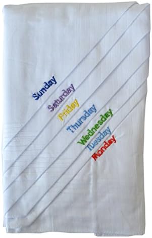 7 Pack Mens/Gentlemens White Days Of The Week Embroidered Handkerchiefs, 100% Cotton