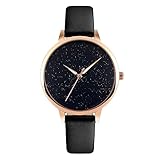 TONSHEN Mode Damen Uhr Klassiker Analoge Quarzuhr Rose Golden Lünette Schwarz Leder Band Luxus Armbanduhr Lässig Stil Einzigartige Sternenhimmel Zifferblatt Schlichtes Design Business Geschäfts Uhren