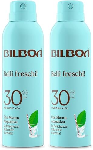 Bilboa Belli Freschi Protezione Solare SPF 30+,con Menta Acquatica, La Freschezza sulla Pelle è Servita, Resistente all'Acqua, Dermatologicamente Testata, 150 ml (Confezione da 2)