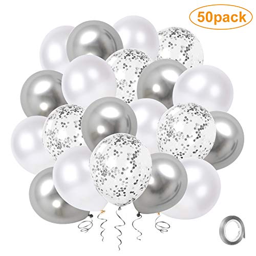 YMSZ Ballon Blanc Argent Confettis, 50 pièces 12 Pouces Ballons de Fête en Métal Chromé Argenté avec Ruban Argenté pour déCorations de Douche de bébé d'anniversaire de Mariage