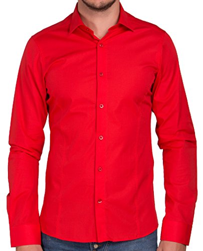 Redbridge Camisa Hombre Slim Fit Basic Diseño Manga Larga Camisa para Hombre Rojo M