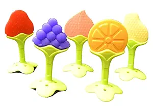 Kiddit, Pack of 1, Fruit-Shaped Silicone teether, with Stick. for Baby/Infants/Toddlers/New-Borns/Kids, Boys and Girls. 5 Multicolor,Designs.