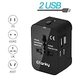 Voyage Adaptateur Prise Chargeur, Efanty Universel de Voyage International Tout-en-un Travel Adapter Prise Anglaise Americaine Française avec 2 ports Double USB pour UK US DE EU - Noir