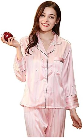 Pakamo Couples Silk Satin Pajamas Homewear Luxurious Nightwear for women Spring Autumn Ladies Pijamas Sets, pink, xl