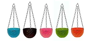 A2M Round Wicker Plastic Flower Hanging Planter with Hook Chain for Home Gardener /Beautiful Round Gamla Pot/ Garden Balcony/ Kitchen Garden Set of 5 (Multicolor)