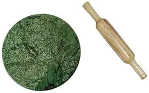 Trendy home Marble stone chakla/Roti maker/cutting Board/Rolling pin Board with wooden Rolling pin (10 inches Green + Rolling pin)