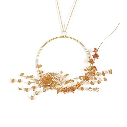 Ecisi Decorazioni Decorative da Parete con Fiori in Oro, Applique rustiche appese Corona Pendente Metallo Color Oro Ferro battuto Fiori Artificiali casa Arredamento