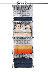 Kuber Industries Non-woven Fabric Foldable and Universal Fit Dot Print 4 Tier Shelf Closet Storage Hanging Wardrobe Organizer (Black and White, KUBMART15337)