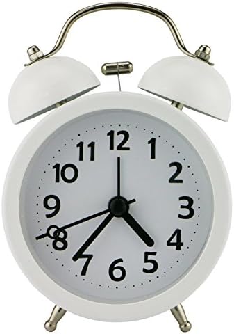 PiLife Silent Non Ticking Vintage Analog Alarm Clock with Round Twin Bell Loud Alarm/Night Light/3D Numbers for Light &amp; Heavy Sleepers(White)