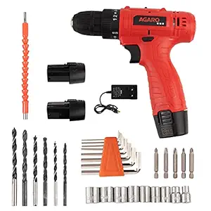 AGARO CD 2102 Cordless Screw Driver/Drill, 12 Volts, 2 Speed, Forward and Reverse, Extra 32 Accessories, Battery,Adapter, Home DIY And Professional Use, Red & Black