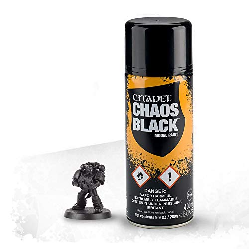 Citadel 99209999042 - Chaos Black - Spray Pintura Negra Imprimacion para Plastico, Capa Fina para antes de Pintar Miniaturas, Figuras, Modelismo, Maquetas - Games Workshop 40k Warhammer 400000 Age of Sigmar - Espray Color Negro, Imprimacion sin Burbujas ni Grumos
