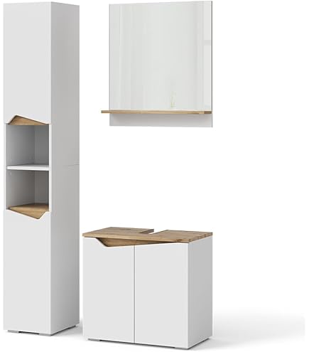 Mobile Bagno Vicco Elvio - Bianco/Sonoma, 32x68x28 Cm, Con Scaffali Aperti E Chiusi - Foto 10