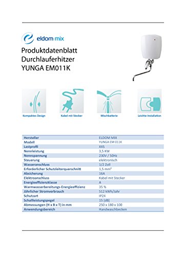 YUNGA Klein Durchlauferhitzer 3,5 KW mit Einhebelmischer und Kabel - 4