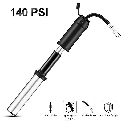 PullPritt Mini Pompe à vélo, Haute Pression 140 Psi Pompe à Mains Portable Compatible avec Presta & Schrader, Pompe Velo pour Route Vélos de Route, VTT, BMX (Argenté)