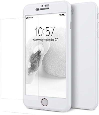 VemMore for iPhone 7 Plus Case 3 in 1 Hard Case 360 Degree Full Protection Front &amp; Back + Bulletproof Screen Protector Tempered Glass Film All-round Protective Shell Thin Matte Color Smooth Bumper with Anti-Fingerprint Scratch-Resistant Scratch-resistant Hardcase - White