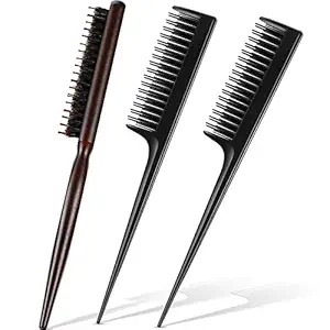 3 Pieces Teasing Hair Brush and Teasing Comb Set Includes Salon Nylon Boar Bristle Brush and 2 Triple Teasing Comb Rat Tail Combs for Back Brushing Slicking Hair Women Men Girl (Black)