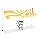 Höhenverstellbar: Höhe der gelb gestreiften Balkonmarkise lässt sich variabel zwischen 2 und 3 m bestimmen