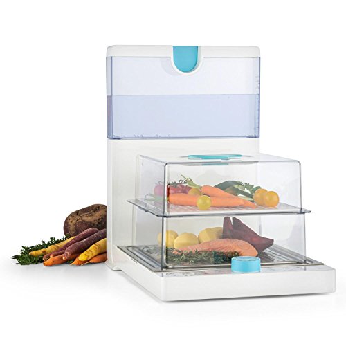 KLARSTEIN Steam Spa - Cuiseur Vapeur Electrique Compact Repliable 2 Compartiments de Cuisson pour légumes, Viande, Poisson (1500 W, minuterie 60 Min) - Blanc