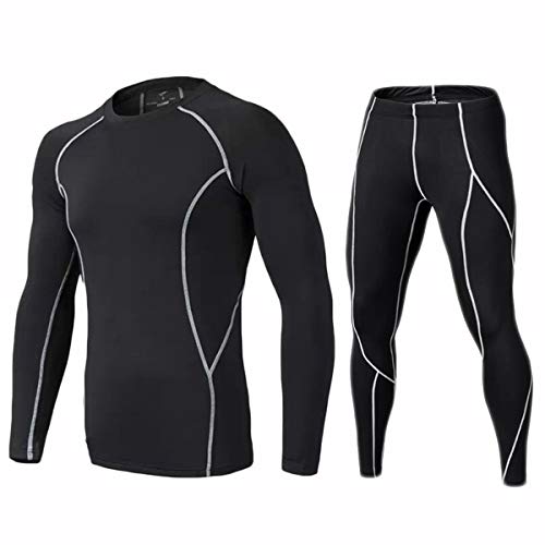 ANTEER Set de Ropa Térmica para Hombre Manga Larga Deportes de Invierno, Conjuntos térmicos para Running, Esquí, Montaña, Ciclismo,Fitness (Negro con Gris línea, L)