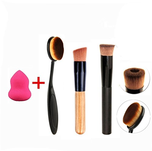 Fashion Base® 3+1 Makeup Brush Set-3Pcs Professional Makeup Brushes Set+Makeup Sponge-Face Powder Liquid Foundation Oval Cream Concealer Makeup Brushes-Beauty Cosmetics-Make Up Cleaning Sponge Powder Puff