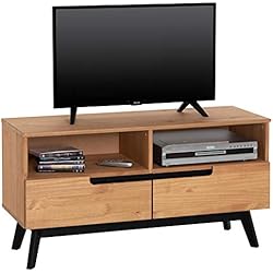 IDIMEX Meuble TV Tibor Banc télé de 109 cm au Style scandinave Design Vintage Nordique avec 2 tiroirs et 2 niches, en pin Massif Finition Bois Naturel teinté