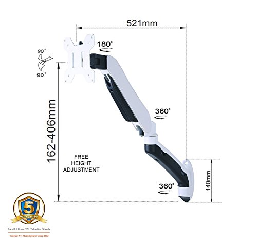 GSA21WS Gas Spring Wall Mount LCD Monitor Arm Stand in White w/ vesa bracket & monitor arm: free up/down & left/right motion