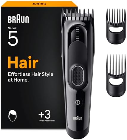 Braun Tagliacapelli Uomo Series 5, Macchinetta per Capelli +3 Strumenti Di Styling, Lama Affilata a Vita, 17 Lunghezze, Blocco Memoria, 50 Minuti di Autonomia, Lavabile, HC5530, Nero
