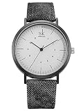 Alienwork Herren Damen Armbanduhr Quarz schwarz mit Lederarmband Weiss Ultra-flach dünn