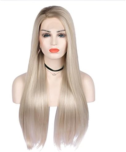 Arimika Women's Blonde Ombre Side Part Synthetic Lace Front Wigs Straight Hair Brown Roots Heat Safe Half Hand Tied 24 inches (24inch)