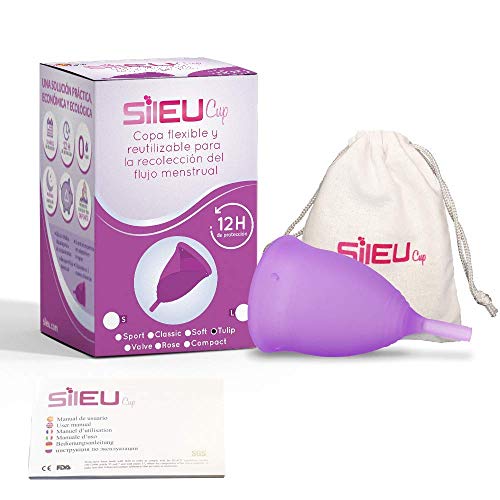 Copa Menstrual Sileu Cup Tulip - Flexible fácil de poner y quitar suave hipoalergénica - La más vendida en farmacias, recomendada por ginecólogos - Talla Grande Morado + Esterilizador Plegable Rosa