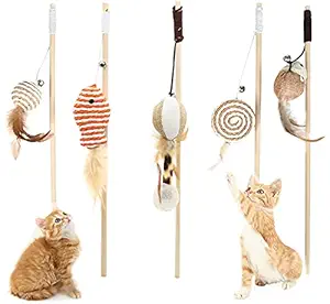 Qpets Premium Cat Toy Interactive Cat Toys Set of 5 Cat Teaser Wand Pet Toy for Cat Activity Fishing Rod with Mouse Natural Feathers Toys for Kittens to Play Cat Games and Toys Mouse Toy