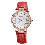 Easy Go Shopping 3819 Modische und Präzise Diamant Zifferblatt Lünette Quarz Armbanduhr mit Band aus Echtem Leder & Luminous Funktion für Frauen, Rot