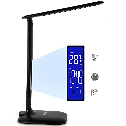 Ledgle 8W LED Lampe de Bureau Pliable (Écran LCD, 5V / 1A Port de Charge USB,3 Mode d’éclairage, 5 Niveaux De Luminosité, Écran Tactile, Horloge Intégrée, Calendrier, Thermomètre) 