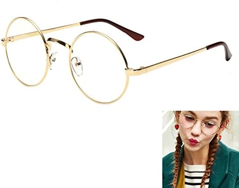 Women Retro Round Glasses Clear lens Metal Frame Vintage Eyeglasses Geek Sunglass Fancy Dress Golden