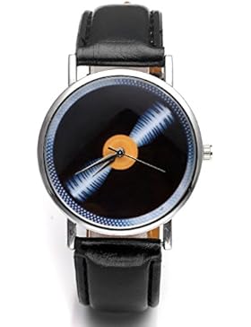 JSDDE Uhren,Vintage Schallplatte/Langspielplatte Muster Armbanduhr Kunstleder Kein-Ziffer Quarzuhr,Schwarz