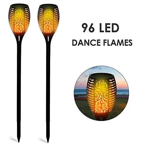 DECKEY 2pcs Luce Solare da Giardino, Iluminazione a Luce Realistica a Fiamma, Cortile, Giardino, 96 LED a Luce, Tecnologia a Sensore di Luce, IP65 Impermeabile