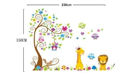 1 X Dschungel-Zoo: Eulen auf Baum mit Giraffe und Löwe unter für Kinder Kinderzimmer - 2