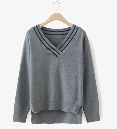 CJOY V-neck Sweater, Women's Loose Oversized Long Sleeve V-Neck Pullover T Shirt Knit Tops (Grey)