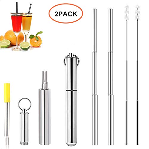 Pajitas para beber de acero inoxidable, paquete de 2, pajitas de metal telescópicas reutilizables, portátiles con estuche rígido y cepillo de limpieza, para el hogar, fiestas, viajes al exterior