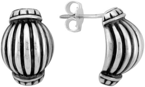 Sterling Silver Half Hoop Bali Style Post Earrings, w/ Vertical Line Pattern, 9/16" (15mm) tall
